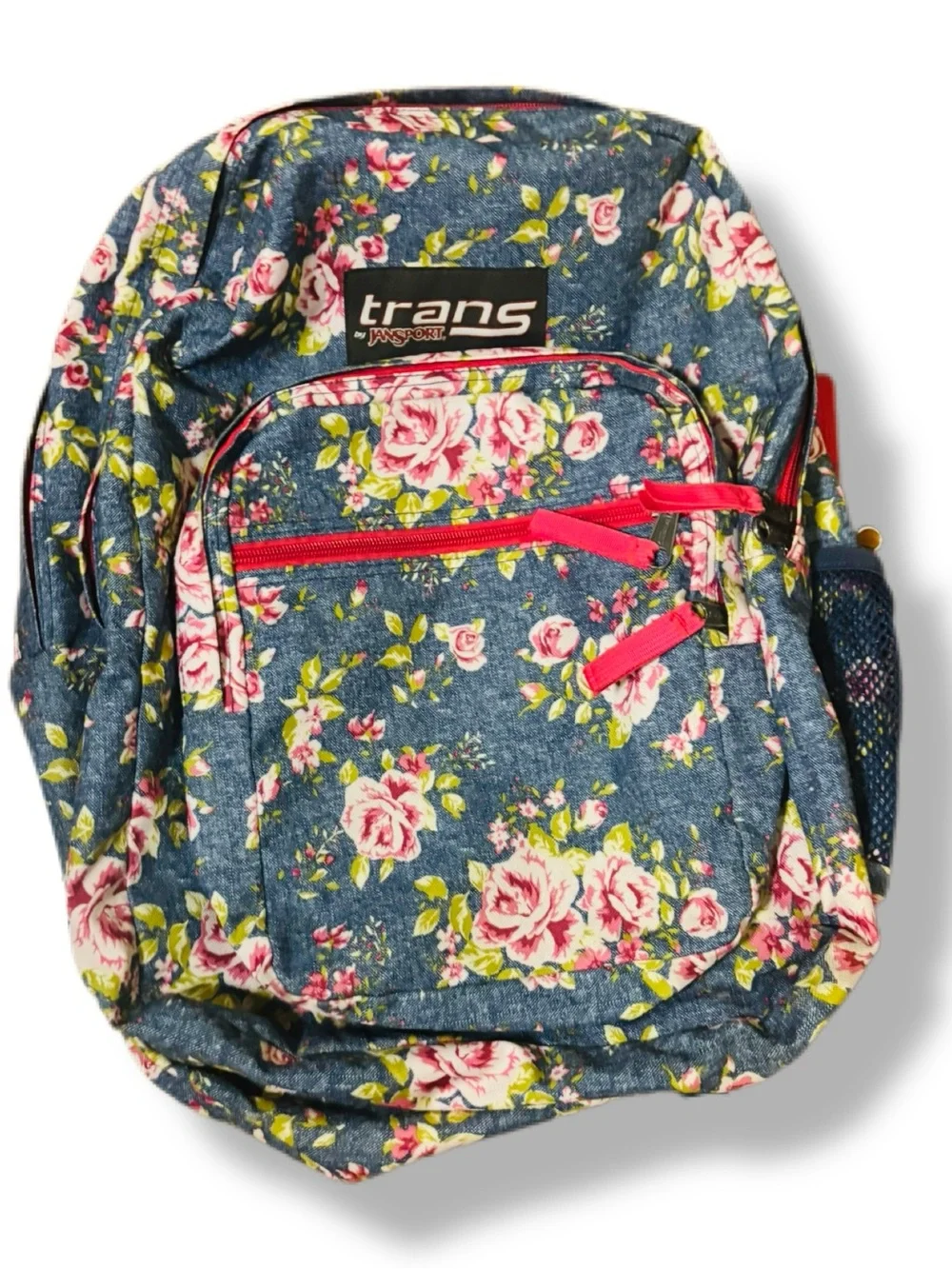 JanSport Trans Floral Denim Backpack Pink Roses School Bag EUC